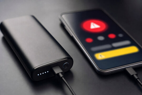 Close-up of a smartphone connected to a portable power bank, displaying a red warning symbol on a dark interface.
