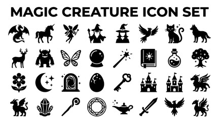 Fototapeta premium Magic creature and fantasy icon set. Black silhouette symbols for mystical design projects.