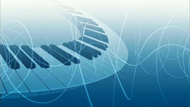 Stylized curved piano keys in soft blue tones, flowing translucent lines weave gently across calm gradient background