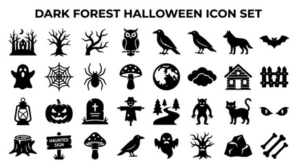 Fototapeta premium Black silhouette Halloween icon set. Spooky forest vector graphics for holiday design.