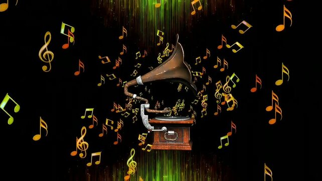 Antique rusted brass gramophone surrounded by glowing multicolored music notes streaming down vertical light streaks