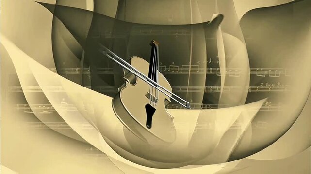 Smooth cream-toned violin with bow rests over layered musical notation sheets and soft flowing abstract shapes