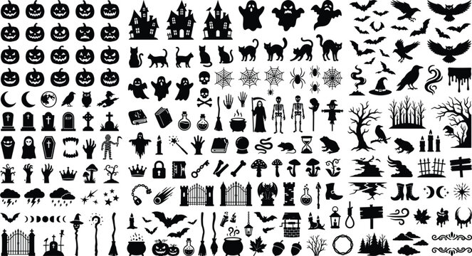Creepy Autumn Occult and Halloween Silhouette Element Set with Angry Ghosts Grinning Pumpkins Ghoulish Monsters Spooky Graveyard Tombs and Gothic Witchcraft Symbols for Festive Papercraft Designs