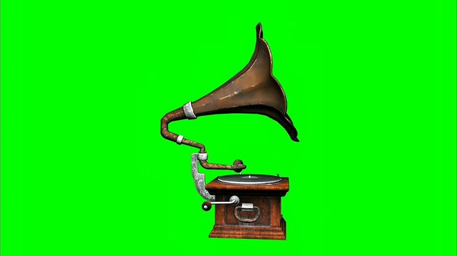 Antique wooden gramophone with weathered brass horn isolated clearly against solid bright green chroma key background