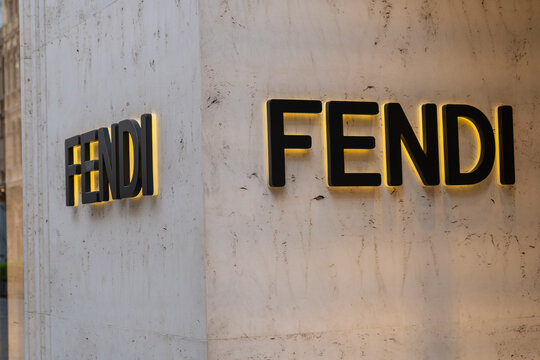 Fendi Luxury Brand Illuminated Logo Sign on Modern Marble Exterior Facade of Storefront Boutique. Vienna, Austria - June 21, 2026