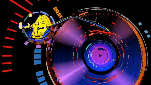 Vibrant neon-colored stylized vinyl record spins, bright yellow tonearm curves smoothly against deep black background