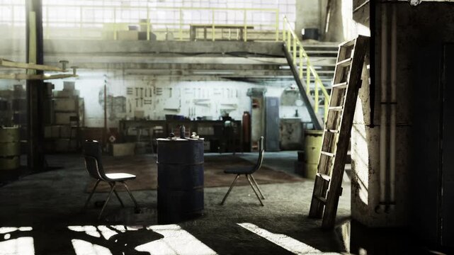 Abandoned factory with sunbeams cutting through dustfilled air, high windows illuminate worn machinery and rusted barrels, scattered debris and peeling paint