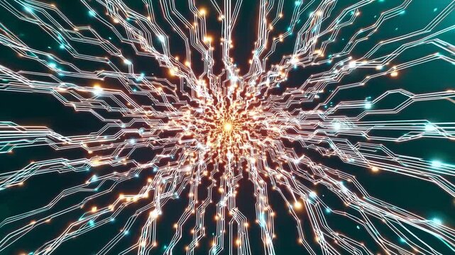 Abstract digital explosion of glowing circuit lines and lights radiating outward in a mesmerizing pattern, creating a vibrant visual effect in a dark background