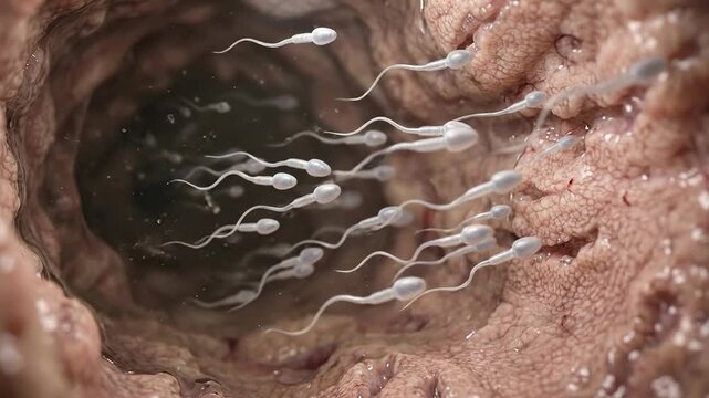 Microscopic life beginning: human reproduce, sperm navigate, female system, fertilize process, early embryo, cell division, zygote form.