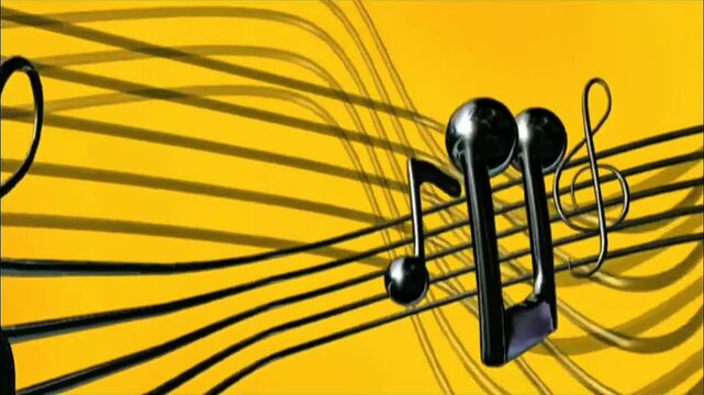 Dark flowing staff lines and glossy musical notes stand out sharply against bright warm golden-yellow backdrop