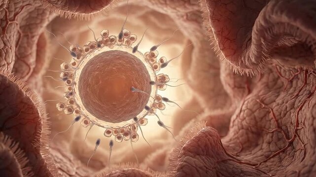 Miraculous inception journey: sperm navigation, ovum fertilization, human reproduce, cellular process, womb view, genetic fusion, inner realm, initial stage, vital spark.