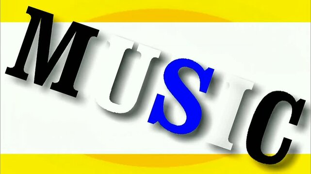 Bold three-dimensional MUSIC letters in contrasting bright colors over layered yellow white red oval background