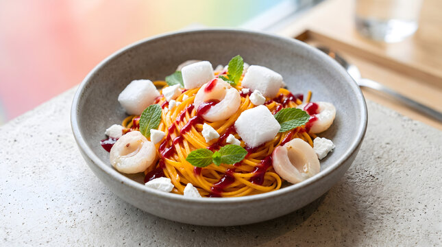 Surreal Fusion Dessert Bowl with Mango Noodles Coconut Foam and Raspberry Coulis