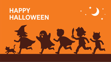 Happy halloween greeting card featuring children in costumes as a scalable vector file for holiday design projects