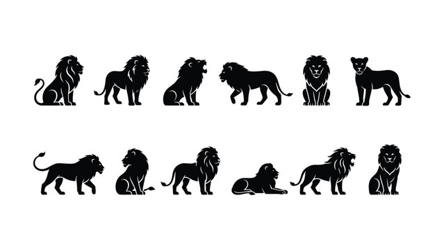 Various Black Silhouette Lions in Different Poses and Styles