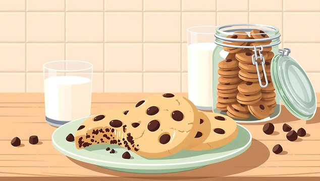 Cozy Vector Illustration of Chocolate Chip Cookies and Glass of Milk