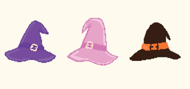 Pixel art witch hats collection set featuring purple pink and black witch hats for 8 bit retro Halloween gaming decor - hand drawn illustration vector asset