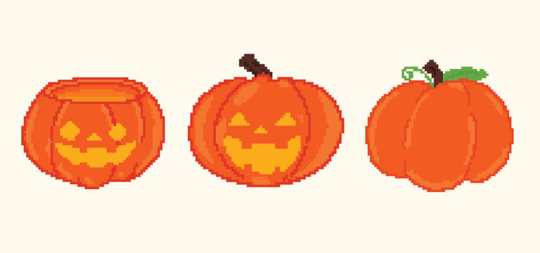 Pixel art pumpkins collection set featuring jack o lantern bowl carved pumpkin and classic orange pumpkin for 8 bit retro Halloween decor - hand drawn illustration vector asset