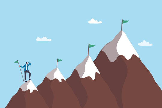 Milestone to reach goal or success target, strategy to progress achievement, leadership planning or advancement, improvement step to mission objective, businessman on mountain looking for next target.