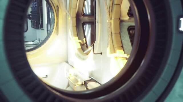 Circular spacecraft porthole revealing compact capsule, soft white light illuminating padded walls and control panels, hatch rim framing tether lines