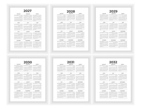 Complete multi year calendar template set from 2027 through 2032 vector design