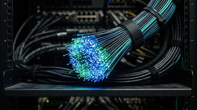 Close-up of glowing fiber optic cables in server rack, blue and green light transmission, high-speed internet technology, data center connectivity, telecommunication infrastructure