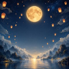 Fototapeta premium Lanterns Floating Over Winding River and Chinese Mountains and water