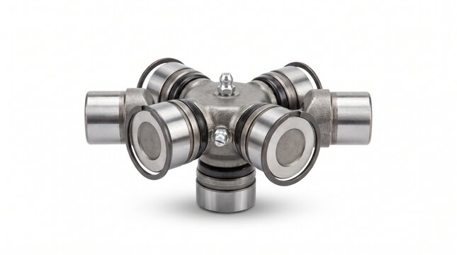 Stainless steel universal joint for drive shaft assembly. Precision-engineered automotive CV joint with polished metal yoke and bearing caps.