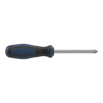 3D Phillips head screwdriver with blue ergonomic handle, metal crosshead hand tool render isolated on white background for construction and DIY repair design