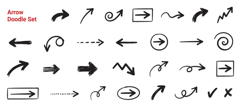 Hand drawn arrow doodles with various shapes and directions black vector illustration