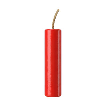3D single red dynamite stick with fuse, explosive TNT render isolated on white background for mining, demolition, and danger concept design