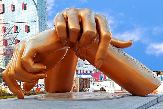 South Korea, Seoul &ndash; April 6, 2026: The famous "Gangnam Style" sculpture near the entrance to COEX Mall.