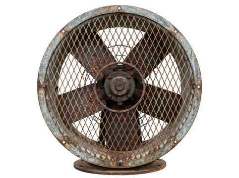 Old rusty industrial fan. Vintage metal ventilation equipment with protective wire mesh.