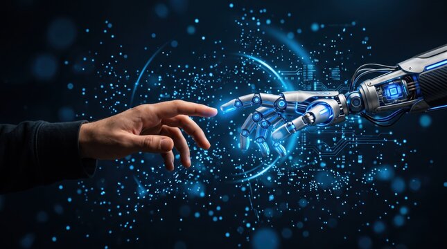 Human hand reaching out to touch robotic hand, symbolizing connection between humanity and technology, future of artificial intelligence, cyborg, man and machine interaction