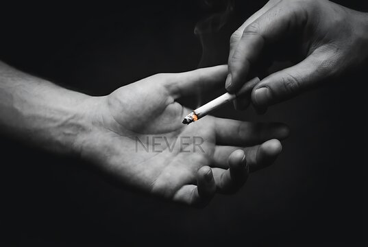 Hand offering a lit cigarette to another open palm with "NEVER" subtly visible, symbolizing choice and addiction avoidance. Health and Anti-smoking concept