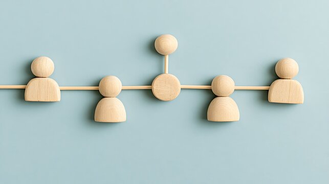 Wooden figures connected by lines on a soft blue background. Concept for team networking, hierarchy and human.