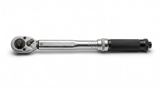 Torque wrench on white background. Professional metal hand tool for mechanical repair work.