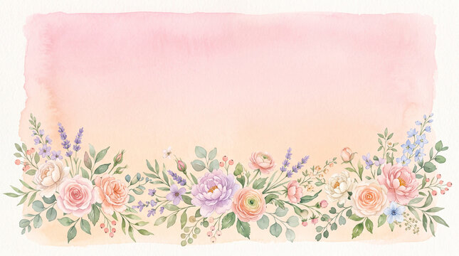 Watercolor floral border with pink roses and lavender on light background.