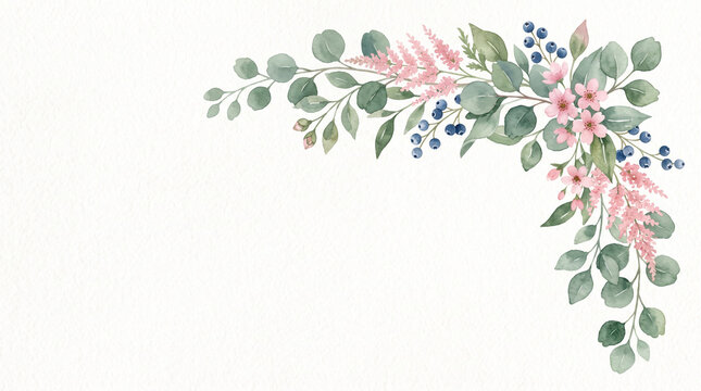 Watercolor floral corner border with pink flowers