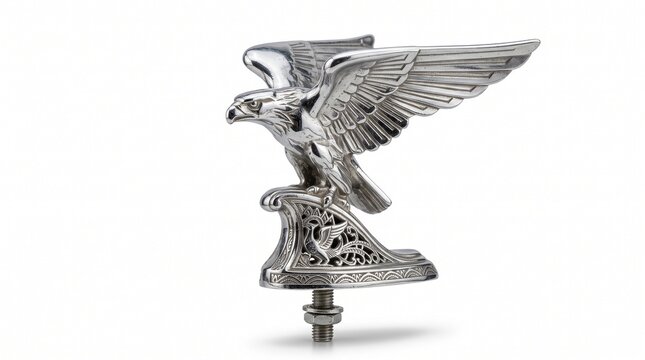 Vintage car hood ornament. Chrome eagle mascot isolated on white background.