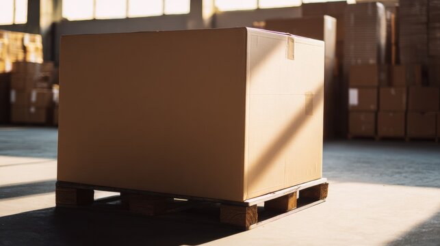 Large cardboard box on a pallet in a warehouse during the day