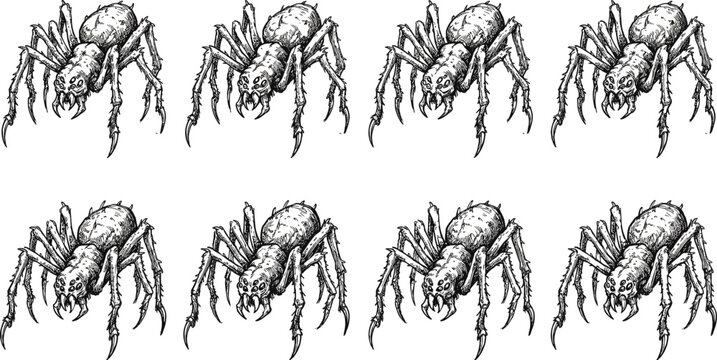 Creepy Halloween tarantula spider vector set featuring scary arachnid insect monsters with detailed vintage woodcut etching lines