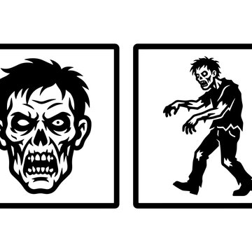 Zombie illustration with two different expressions and poses, black and white