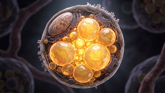 3D medical illustration of a human adipocyte fat cell showing internal structures like lipid droplets, mitochondria, and nucleus