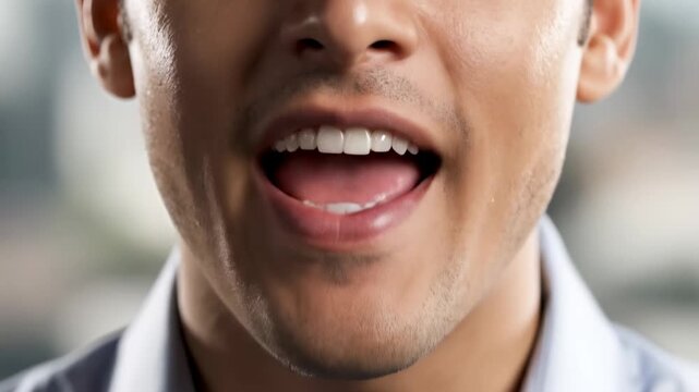 A mature man speaks with enthusiasm while showcasing his healthy teeth and bright smile to express successful communication and professional confidence during a business meeting in a corporate