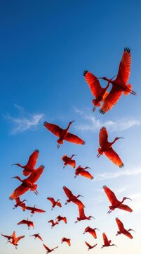 Vibrant flock of scarlet ibis birds soaring through clear blue sky
