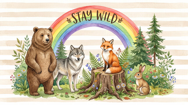 Watercolor forest animals bear wolf fox under stay wild rainbow.