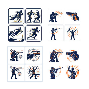 Police officer shooting and tactical action vector icons set And, international sports event, multi sport competition, athletics championship, sports tournament, Commonwealth Games