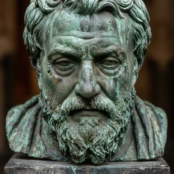 Aged bronze philosopher bust with green patina.