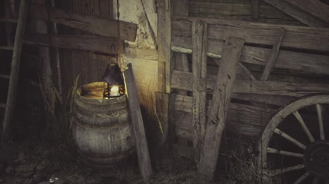 Lantern illuminated supply corner near wagon wheel, barrel topped with tools and jar, leaning boards and tall grass framing pastoral ruin, nostalgic countryside